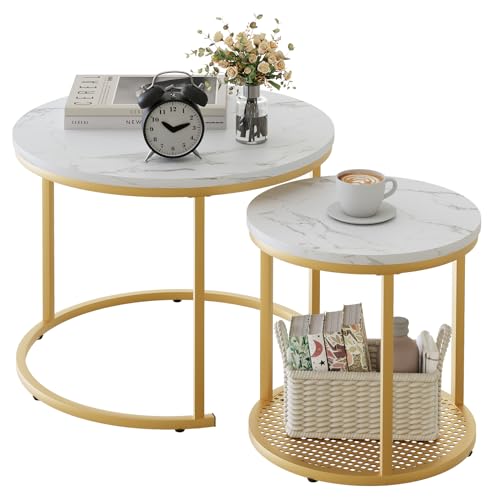 White faux marble nesting coffee table set, including a large and small table with a modern design, suitable for small spaces, in a stylish living room setting.