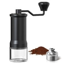 Stainless steel manual coffee grinder with adjustable conical burr, portable hand crank mill for fine to coarse grind, perfect for home and camping.