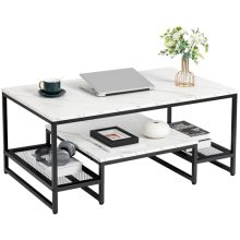 Modern White Marble Coffee Table with 2-Tier Storage – Sleek Design with Black Steel Frame