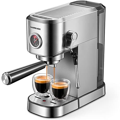 15-Bar Espresso Machine with Commercial Steamer and 42 oz Removable Water Tank in brushed stainless steel, ideal for making espresso, lattes, and cappuccinos at home.