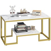 White faux marble coffee table with gold metal frame, showcasing a two-tiered design perfect for modern living rooms and home offices.