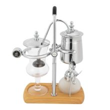 Luxurious silver Belgian Syphon Coffee Maker with royal design, featuring a double ridged fulcrum, Tee handle, and wooden base, perfect for precision brewing and elegant presentation.