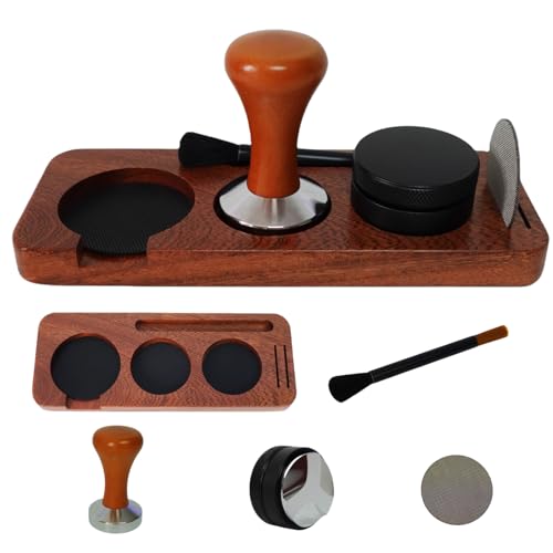 5-Piece Espresso Tamper Kit with Sapele Wood Tamping Station, Espresso Tamper, Coffee Leveler, Double-Headed Cleaning Brush, and Espresso Puck Screen – Perfect for 51mm Machines