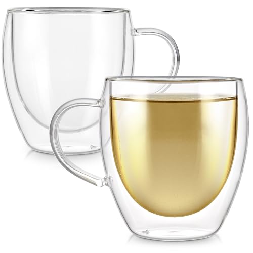 Set of two Teabloom 8oz double-walled glass cups from the Clarity Collection, featuring ergonomic handles and crystal-clear borosilicate glass for hot and cold beverages