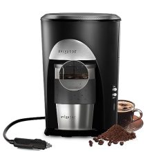 Portable 12V car coffee maker with a sleek silver and black design, ideal for travel, camping, and RV use. Features auto shut-off and fast heating technology.