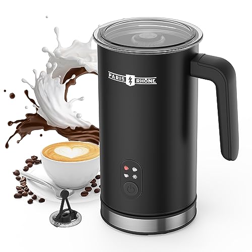 A sleek black PARIS RHÔNE electric milk frother with a modern, streamlined design, sitting on a kitchen countertop, ready to create perfect hot and cold foam for coffee and other beverages