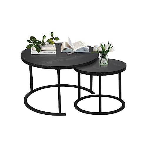 Round nesting coffee table set with faux marble wood top and black metal frame. Includes a large table (27.56” diameter) and a small table (19.69” diameter)