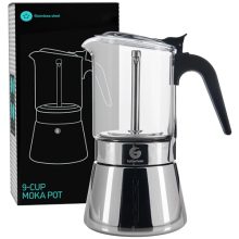 Coffee Gator 9-Cup Moka Pot with a sleek stainless steel base and transparent glass kettle brewing rich Italian espresso on a stovetop.