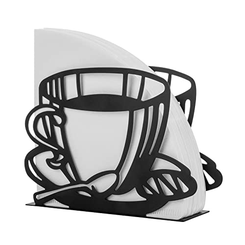 Stylish black coffee filter holder with a coffee cup design, metal construction, and non-slip base, perfect for organizing various filter types and enhancing kitchen decor