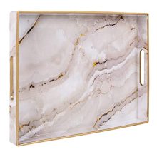 MAONAME Marbled Rectangular Serving Tray with Handles, White Marbling Pattern and Gold Edge, Ideal for Serving, Organizing, and Decorating