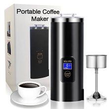 Compact single-serve electric coffee maker in stainless steel, ideal for travel and camping, featuring temperature control and quiet operation