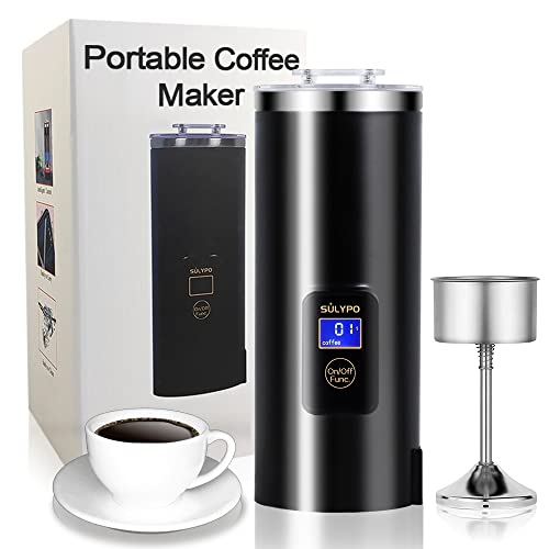 Compact single-serve electric coffee maker in stainless steel, ideal for travel and camping, featuring temperature control and quiet operation