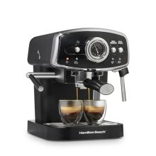 Hamilton Beach Slide & Lock Espresso Machine with Milk Frother in Retro Black – 15 Bar Pump, Dual Spouts, and Removable Reservoir for Home Brewing