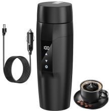 Portable Car Heating Cup with 350 ml capacity, featuring adjustable temperature settings from 40~100℃, a 12V power connection, leak-proof design, and anti-dry burn protection, ideal for travel and car use.