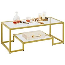 Yaheetech gold coffee table with a rectangular tempered glass top and metal frame, featuring a 2-layer design with a bottom shelf, ideal for living rooms and offices