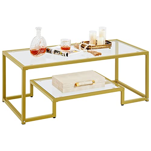 Yaheetech gold coffee table with a rectangular tempered glass top and metal frame, featuring a 2-layer design with a bottom shelf, ideal for living rooms and offices