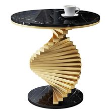 Modern round side table with a faux marble top and gold metal trapezoidal legs. Ideal as a stylish coffee table or accent table for living rooms, bedrooms, or bistros