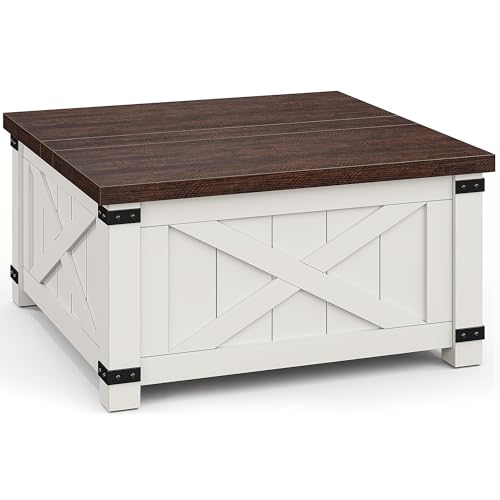 White farmhouse lift-top coffee table with large storage space and rustic wood grain finish.