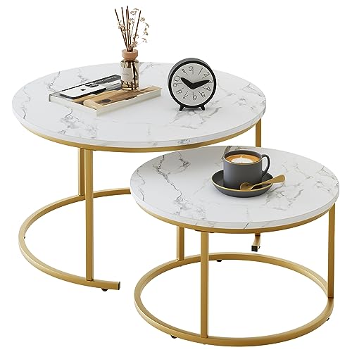 VILAWLENCE Nesting Coffee Tables Set – Elegant White Faux Marble with Gold Steel Frame, Modern Round Design for Living Room and Bedroom