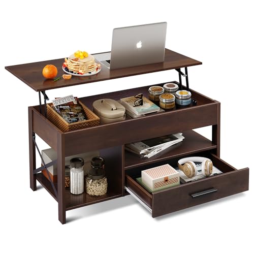 39-inch espresso coffee table with a lift-top mechanism, featuring hidden compartment, open shelves, and storage drawers, perfect for modern living spaces. 