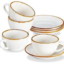 Set of 4 Rustic Cappuccino Cups with Saucers – 6.5 Oz Porcelain Espresso Mugs in Creamy White