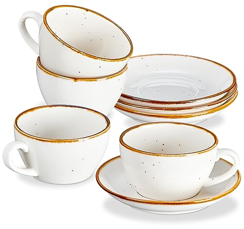 Set of 4 Rustic Cappuccino Cups with Saucers – 6.5 Oz Porcelain Espresso Mugs in Creamy White