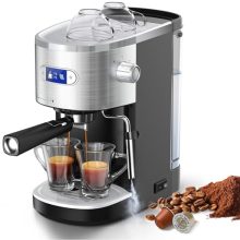 20 Bar espresso machine with LED panel and milk frother, featuring a 41 oz removable water tank and compact design for home use.