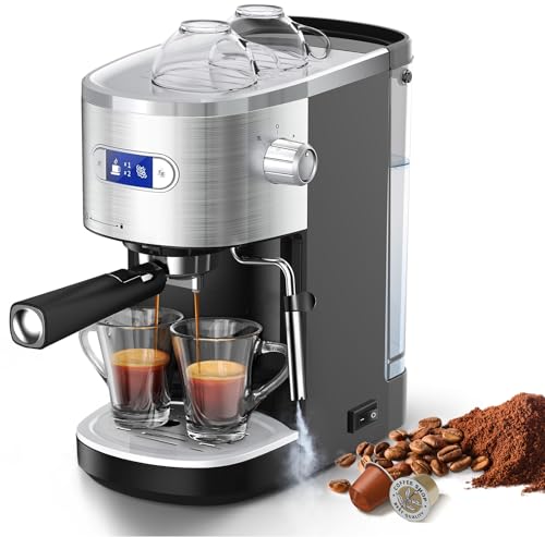 20 Bar espresso machine with LED panel and milk frother, featuring a 41 oz removable water tank and compact design for home use.