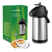 Stainless steel 4L thermal coffee dispenser with a pump, featuring a 360-degree rotating base, smooth lever action, and sleek design, perfect for keeping beverages hot for up to 24 hours.