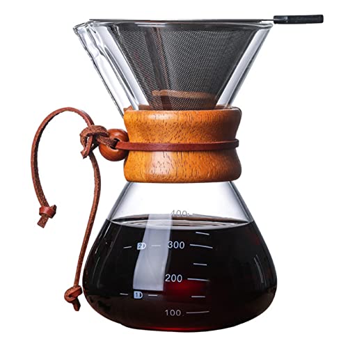 Portable 14oz Glass Pour Over Coffee Maker with Stainless Steel Filter, perfect for home, office, and camping use.