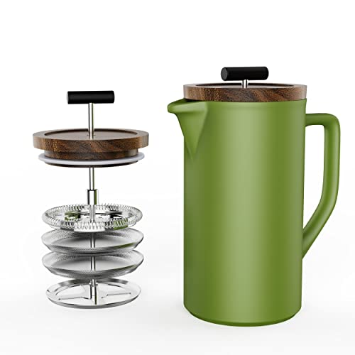 DHPO Ceramic French Press with Walnut Wood Lid and Triple Filter System for Perfect Coffee and Tea Brewing, Green Ceramic Design