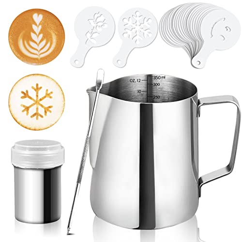 Artcome 12oz Stainless Steel Milk Frothing Pitcher Set with Measurement Inside, Powder Shaker, Latte Art Pen, and Coffee Stencils for Espresso Machines and Latte Art