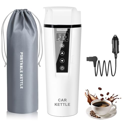 Portable 12V/24V electric kettle for car travel, with adjustable temperature settings and stainless steel design – perfect for brewing coffee or tea on the go.