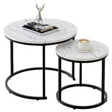 Elegant round nesting coffee table set with white faux marble tops and black steel frames, perfect for living rooms, bedrooms, or balconies