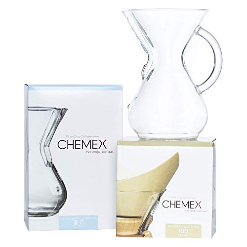 Chemex 6-Cup Glass Coffee Maker Bundle with 100 ct Square Filters - Elegant Design and Premium Quality