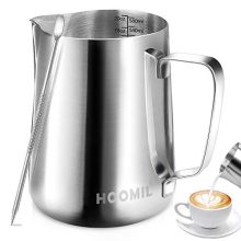 A sleek, stainless steel HOOMIL Milk Frothing Pitcher with a dripless spout, coffee art pen, and heat-resistant handle, ideal for making lattes, cappuccinos, and other coffee drinks