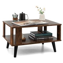 Tangkula Small Coffee Table in rustic brown with 2-tier design, side baffles, and metal frame, ideal for small spaces and easy assembly