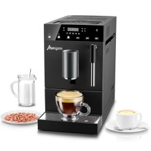 Ahongem Super Automatic Espresso Machine in sleek black with a smart touch display panel, built-in grinder, and milk frother