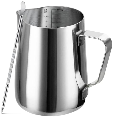 20oz stainless steel milk frothing pitcher with a narrow spout, clear measurement lines, and a latte art pen included, designed for easy frothing and steaming of milk