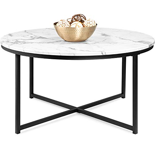 Modern 36-inch faux marble coffee table with a black metal frame and white marble top, perfect for living room decor. 