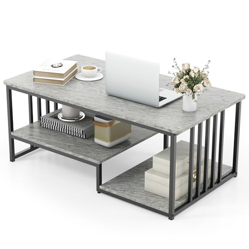 Modern coffee table with faux marble tabletop and black metal frame, featuring a 2-tier open shelf, ideal for living room and office use