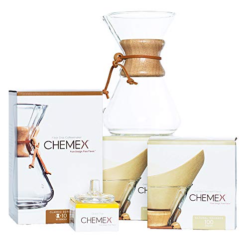 Chemex 10-Cup Classic Series Bundle with 200 Square Filters - Premium Pour-Over Coffee Maker in Elegant Design