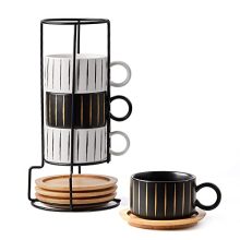 Stackable Porcelain Espresso Cups with Metal Stand – 6 Ounce Set for Coffee, Latte, and Tea (Set of 4), Featuring Classic Design and Space-Saving Metal Stand