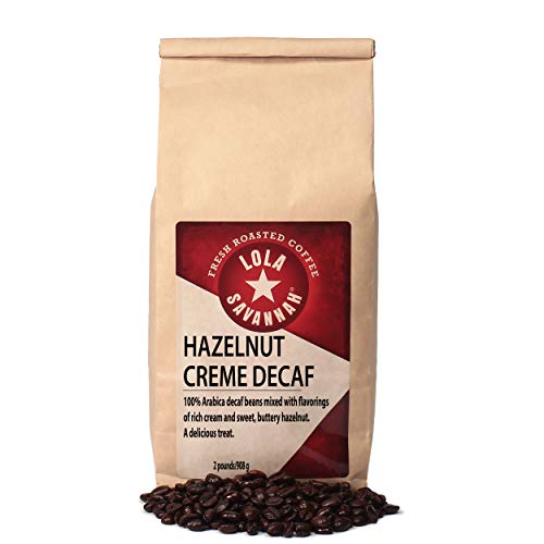 Bag of Lola Savannah Hazelnut Crème Decaf Whole Bean Coffee, 2 lb, featuring a rich hazelnut flavor and creamy essence, roasted to perfection in small batches in Texas