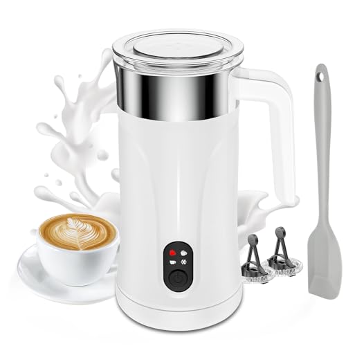 Ovetedot 4-in-1 Electric Milk Frother in White, designed for making hot and cold foam, as well as heating milk. Features a sleek minimalistic design with one-button control and LED indicators