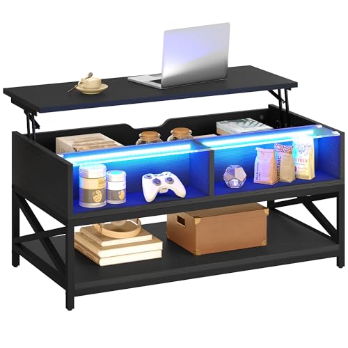 Black lift top coffee table with LED lights, featuring hidden compartments and open storage shelves, with a modern glass and wooden design.