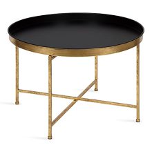 Round black and gold metal coffee table by Kate and Laurel, featuring a foldable frame and magnetically attached tray top, perfect for modern and contemporary living rooms