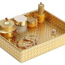 Gold faux leather small serving tray, perfect for organizing jewelry, perfume, and daily essentials on a coffee table or vanity.