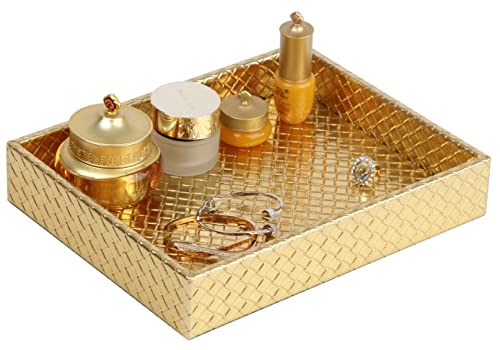 Gold faux leather small serving tray, perfect for organizing jewelry, perfume, and daily essentials on a coffee table or vanity.