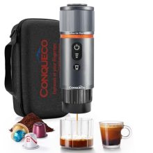 Portable 12V electric espresso maker for travel, compact and compatible with Nespresso capsules, perfect for camping, road trips, and outdoor adventures.